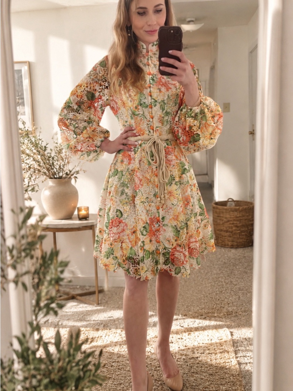 Floral Lace Tie-Waist Mini Dress in Cream and Green